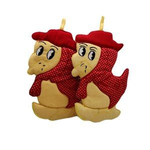 Vintage Anthropomorphic Bird Potholders Kitsch Yellow Red Polka Dots China Glass